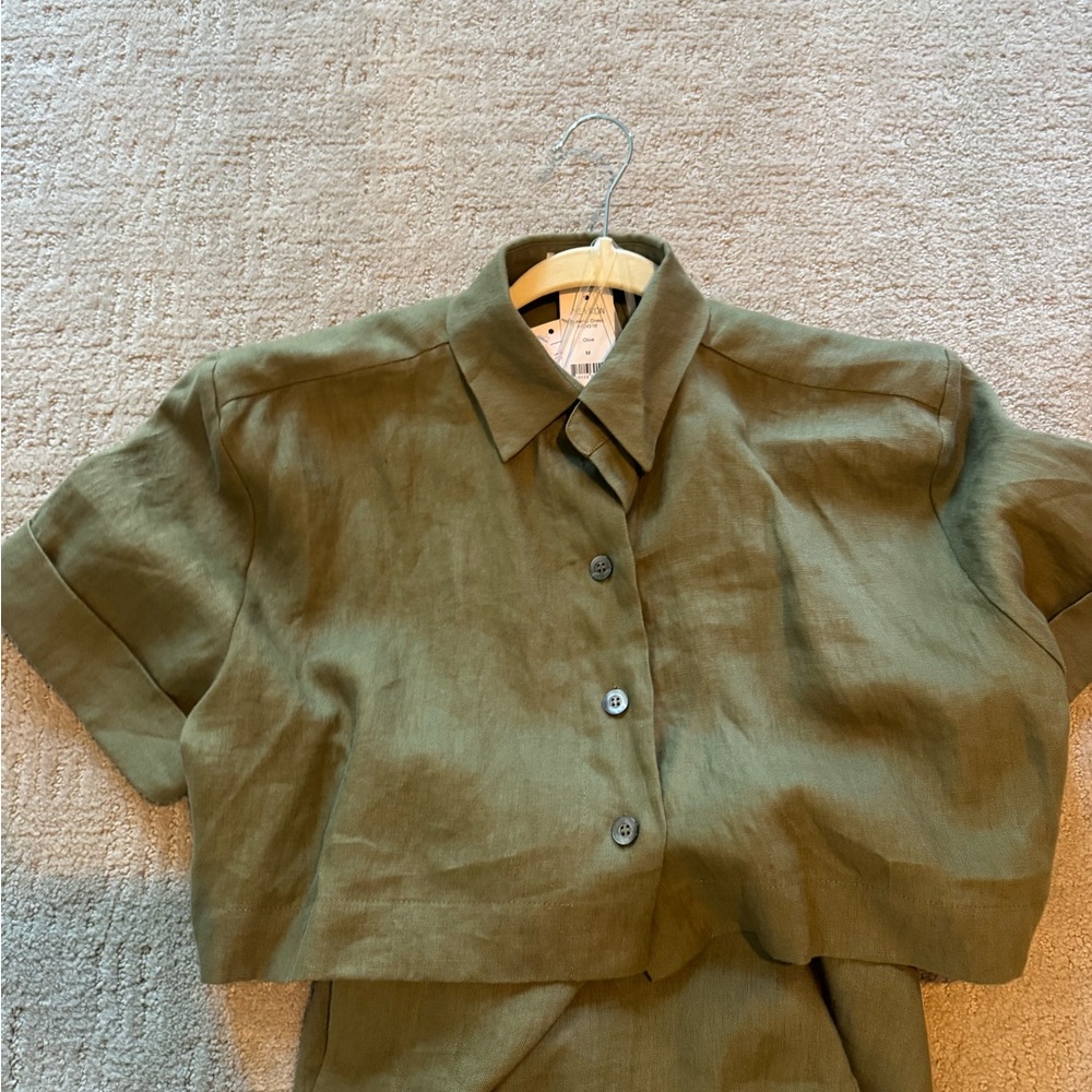 Hevron Olive Green Crop Button-Up Linen shirt dress